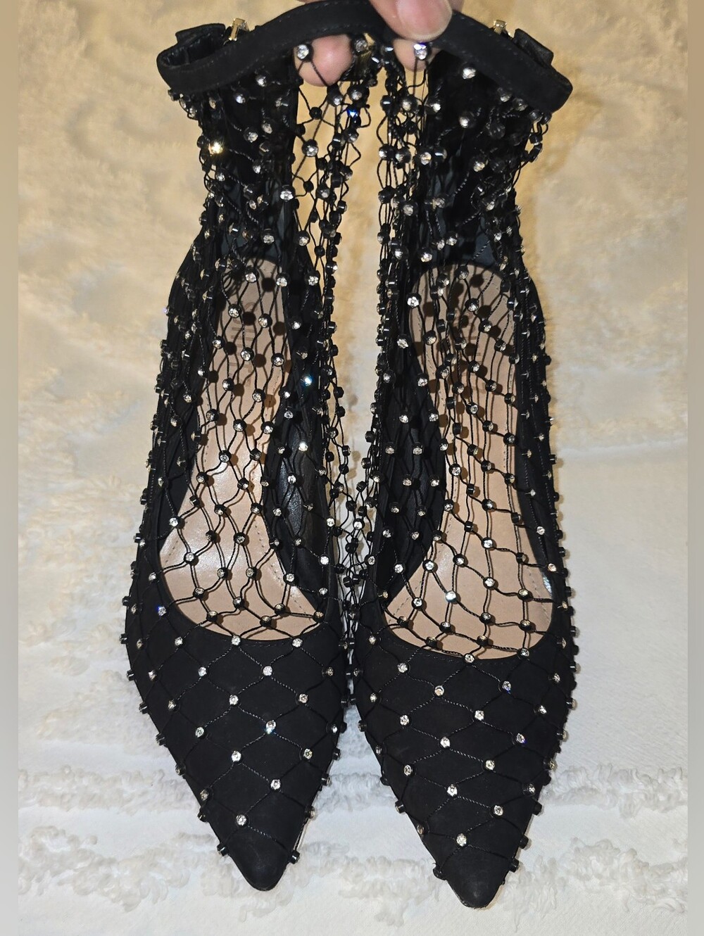 SCHUTZ Black Rhinestone Net Pointed-Toe Heels